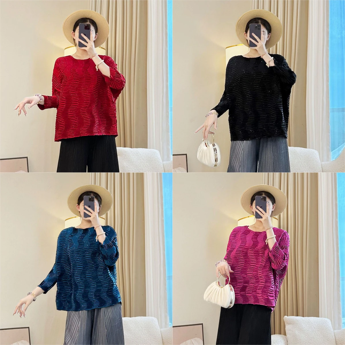 مياكي مطوي متموجة بأكمام طويلة تي شيرت الخريف ملابس واحدة جولة الرقبة قمة عصرية مطوي فضفاض ملابس نسائية عادية