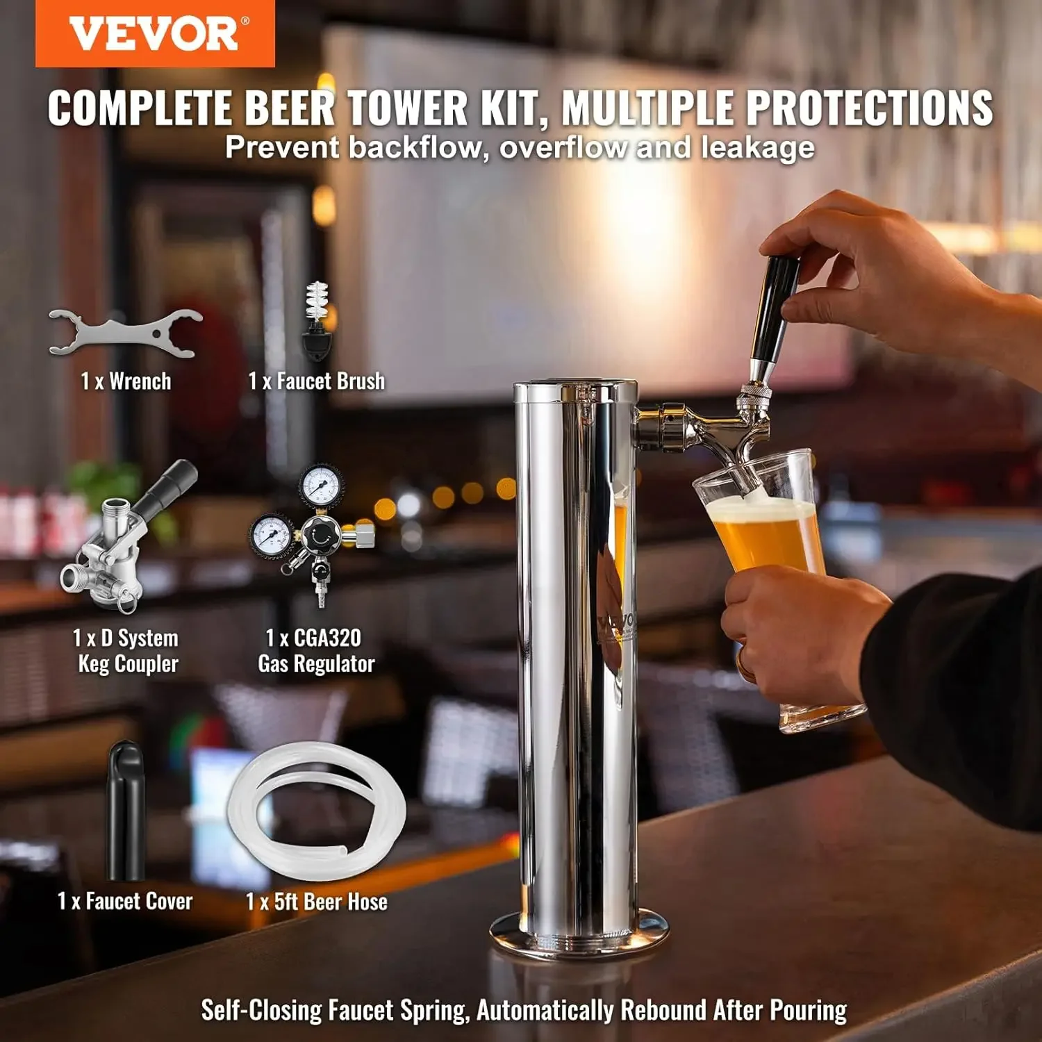 Single Tap Beer Conversion Kit, Stainless Steel Keg Beer Tower Dispenser with Dual Gauge CGA320 Regulator & D-System Keg Coupler