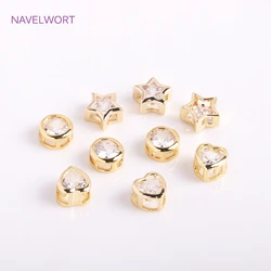 Brass Metal Cubic Zirconia Spacer Beads 14K Gold Plated Rhinestone Heart/Oval/Pentagram Beads DIY Jewelry Making Accessories