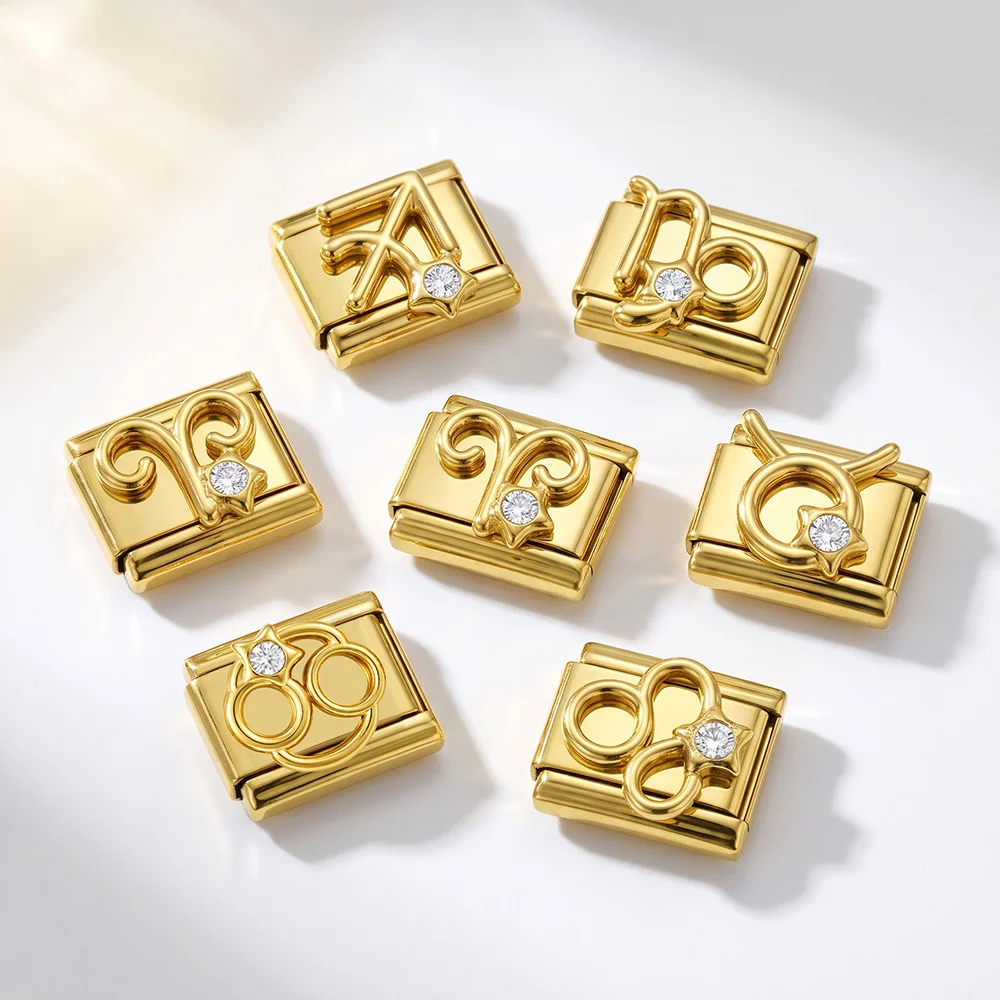 URING Goldfarbenes Sternzeichen-Charm im italienischen Stil, 12 Sternzeichen-Symbole, Gliederarmband, passend für 9-mm-Perlen, Edelstahl, DIY-Schmuck – Detail 3