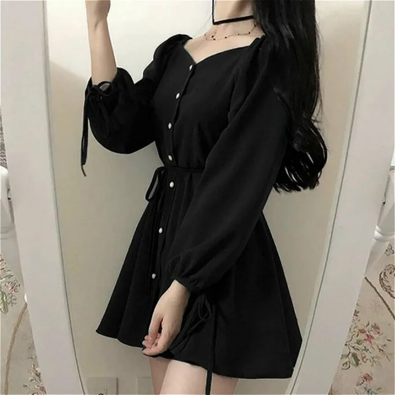 Dress Women Vestidos Vintage Solid Daily Empire Elegant Black Schoolgirls Classy Retro Fashion Charm Female Clothes Long Sleeve