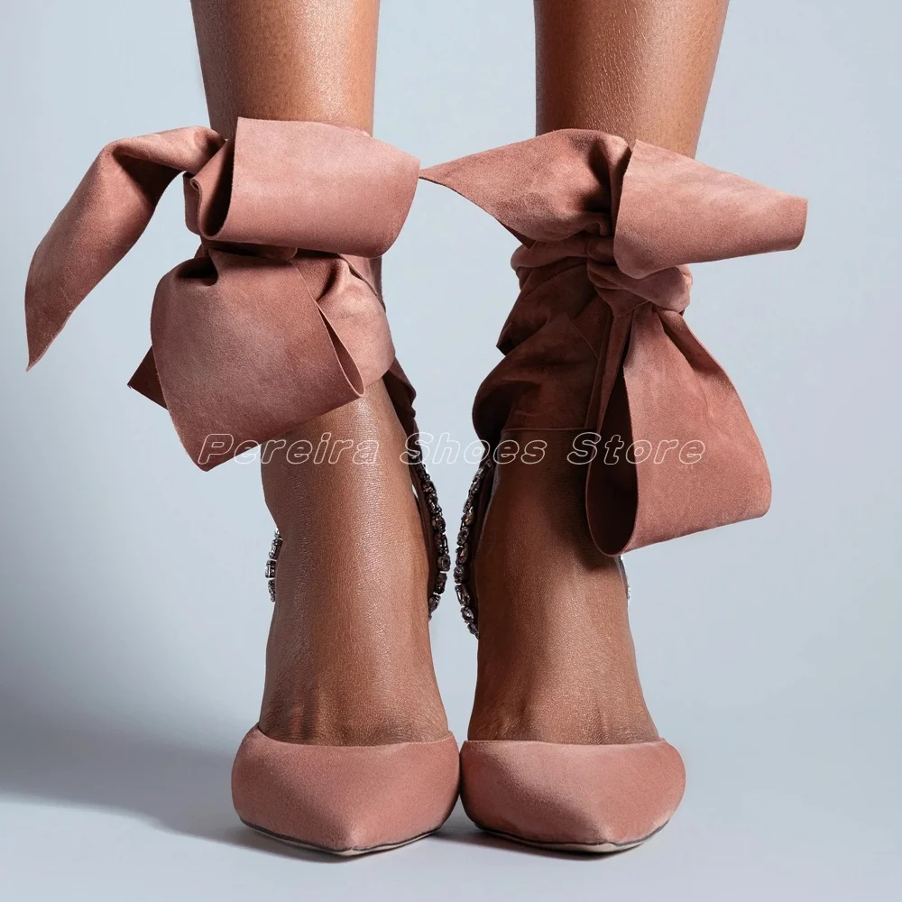Suede Ballerina Slingback Butterfly-Knot Sandals Pointed Toe Cover Heel  White Crystal Design Ladies Dress Party Runway Shoes image 4