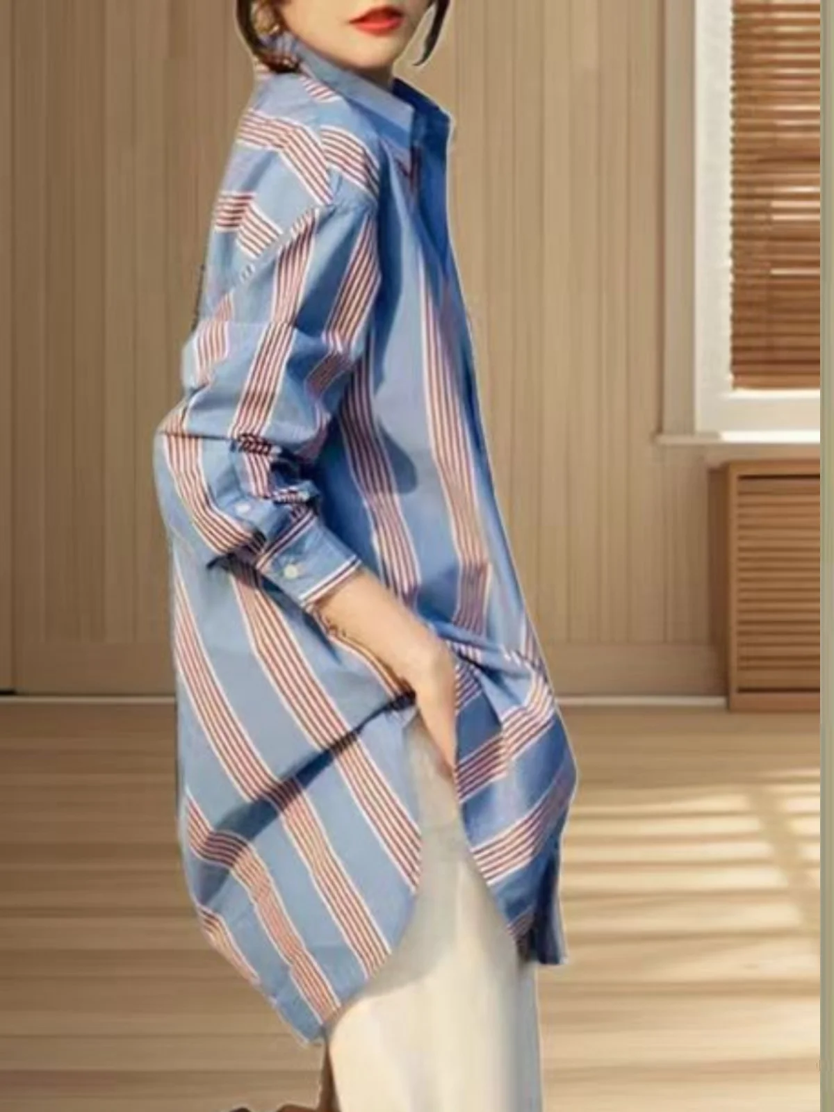 

Faionable Striped Midi irt Женская одежда с воротником-биркой Длинный све Свободный крой для поездок на работу Смесь полиэстера