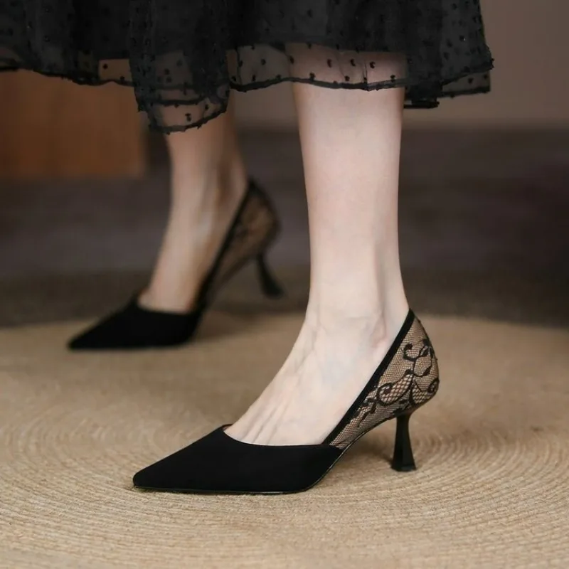 

2024 Summer Pointed High Heels Women Shoes Sexy Lace Stitching Fashion Pumps French Retro Elegant Ladies Shoes