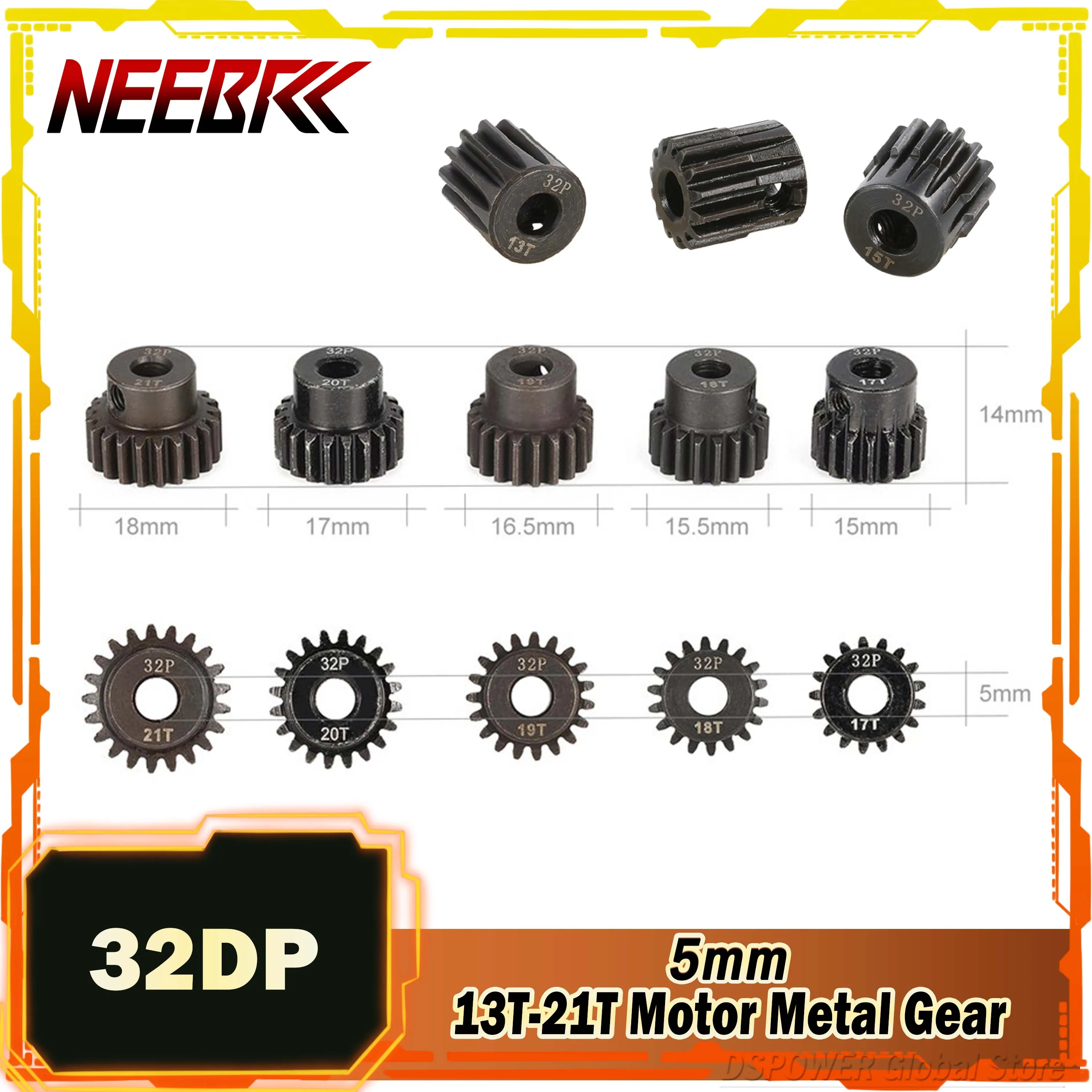 

32DP 5mm 13T 14T 15T 16T 17T 18T 19T 20T 21T Metal Pinion Steel Motor Gear for 1/8 1/10 RC Car Wltoys HSP Brushed Brushless Part