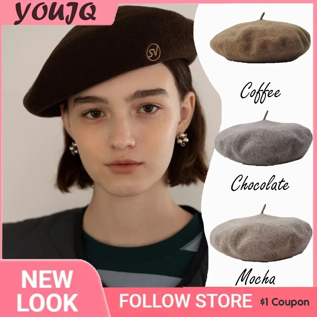 

Korea Wool Artist Beret Spring Winter Retro Temperament Elegant French Letter Embroidery Painter Hat Ladies Sweet Beret Caps