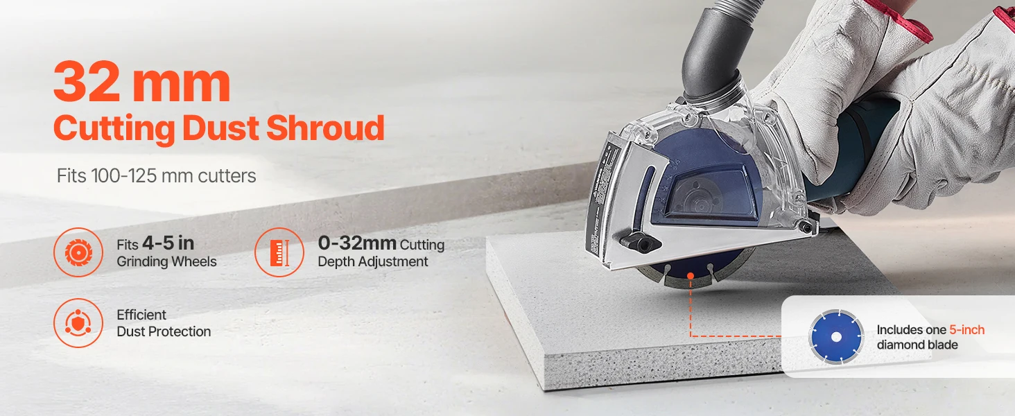 SucceBuy Cutting Dust Shroud for Angle Grinders Universal 4-5 in Angle with 6 Clamping Washers & 5 in Diamond Grinding Cup Wheel