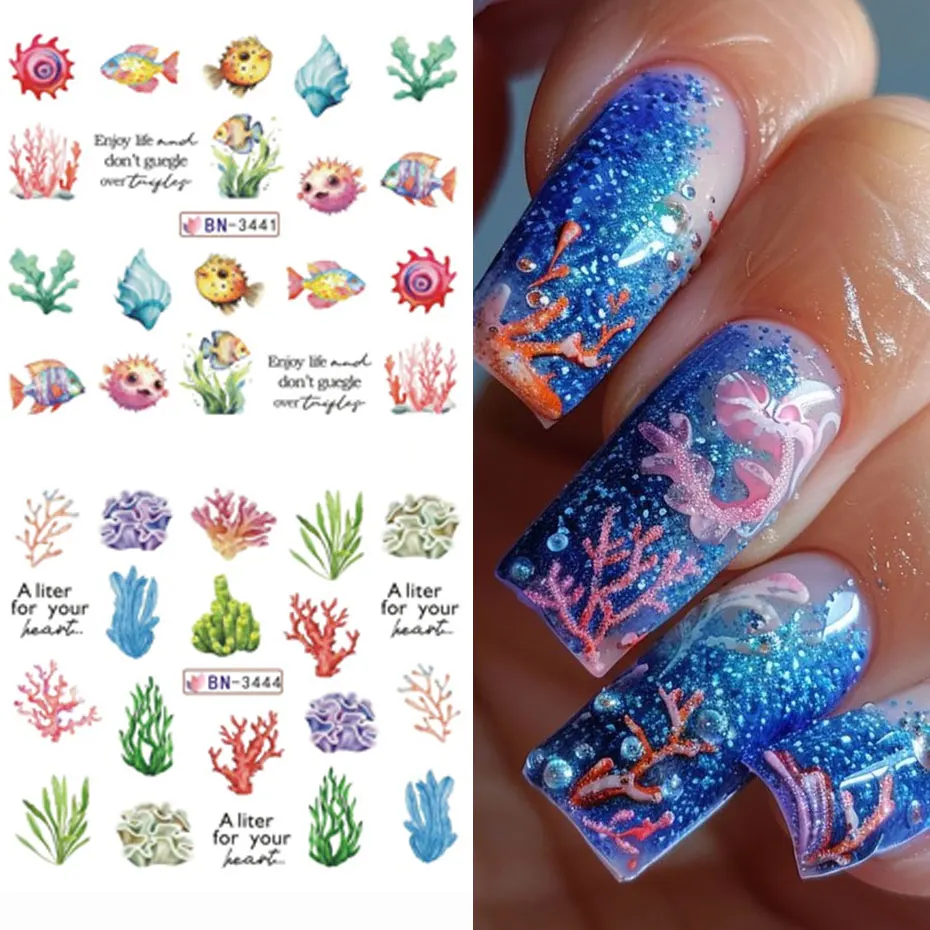 12 Design Creatura dell'oceano Adesivo per unghie ad acqua Cartoon Estate Mare Conchiglia di pesce Alghe Decalcomanie per unghie Carino 3D Trasferimento per unghie Cursore d'acqua