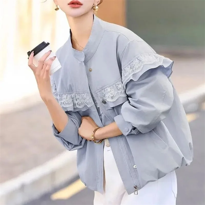 

Бейсбольная форма с кружевной строчкой и воротником-стойкой, женская весенняя новая повседневная ветровка со свободной подкладкой, женская верхняя одежда, топ