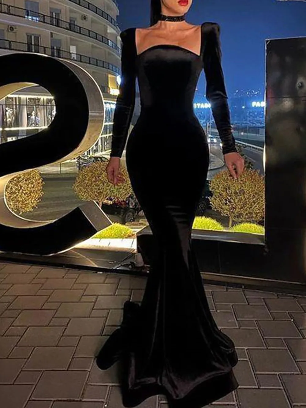 Sexy Bodycon Wedding Guest Formal Evening Dress Square Neck Long Sleeve Floor Length Velvet with Sleek Pure Color 2024 Vestido