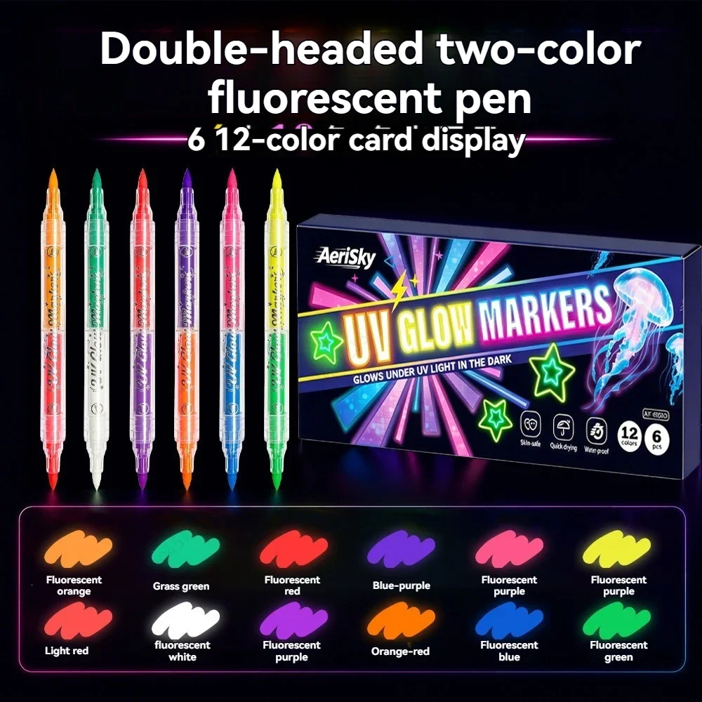 12 Colors Double-ended UV Neon Glow Markers Set Black Light Fluorescent Paint Pens Painting Pen for Party Halloween Art Drawing