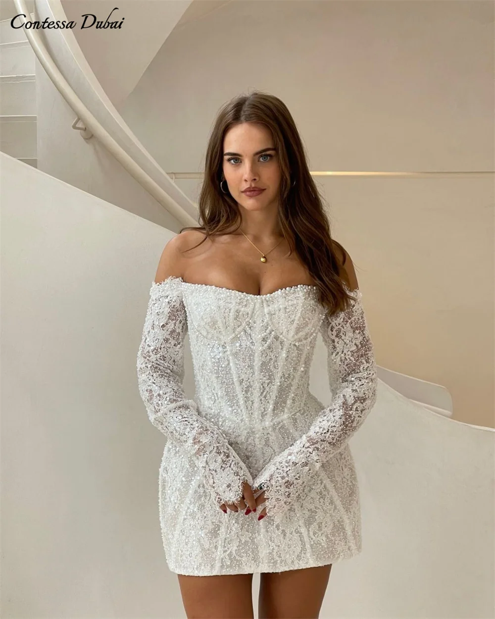 

Contessa Dubai Custom White Lace Prom Dress With Elegant Beaded Off Shoulder Vestidos de noche Long Sleeves Formal events dress