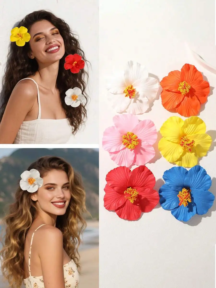 

5pcs Womens Hibiscus Hair Clips Vacation Beach Bohemian Solid Color Hair Accessories