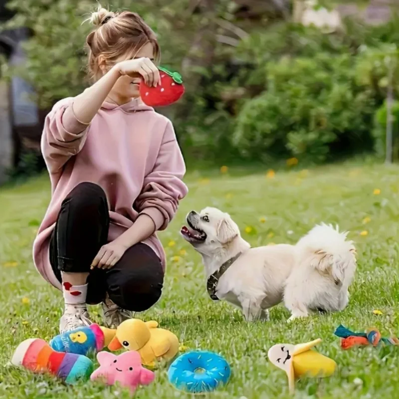 Um conjunto de 7 peças de brinquedos sonoros para cachorros, mastigar animais de estimação de pelúcia soltos, lanches de frutas de pelúcia e brinquedos para cachorros vegetais, adequados para brinquedos fofos