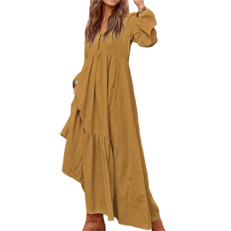 ASDS-Abito lungo da donna in cotone Boho con scollo a V e maniche lunghe, abito da spiaggia fluido con tasche e bottoni