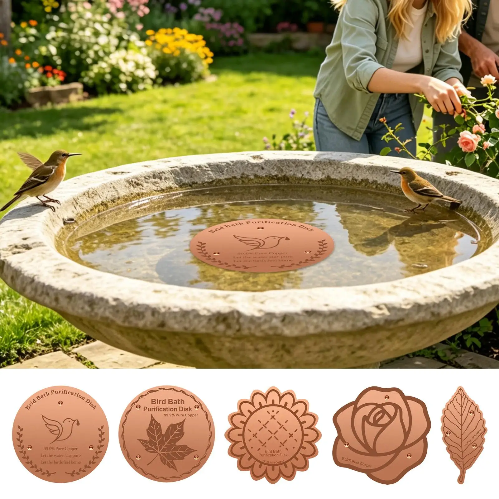 Copper Cleaning Disk Safe Water Cleaner 3-Point Support Purification Bird Bath Cleaning Disk For Garden Yard Patio Balcony Lawn