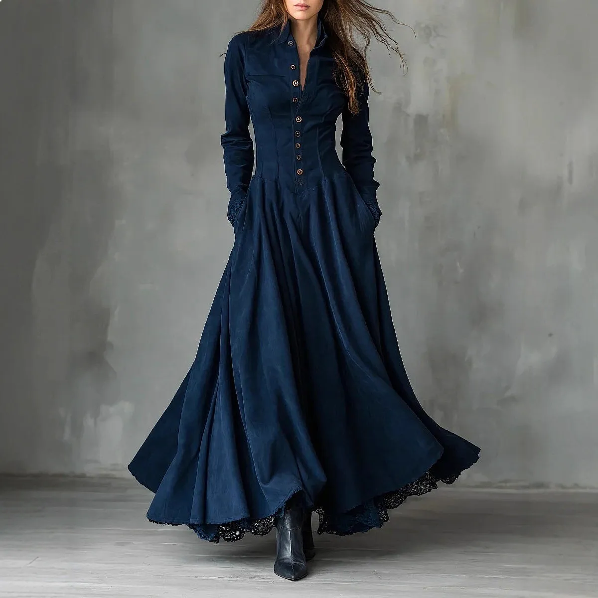 French Vintage Style Faux Suede Lace Trim Shirt Dress Blouse Top Dresses Spring Summer Matching Set