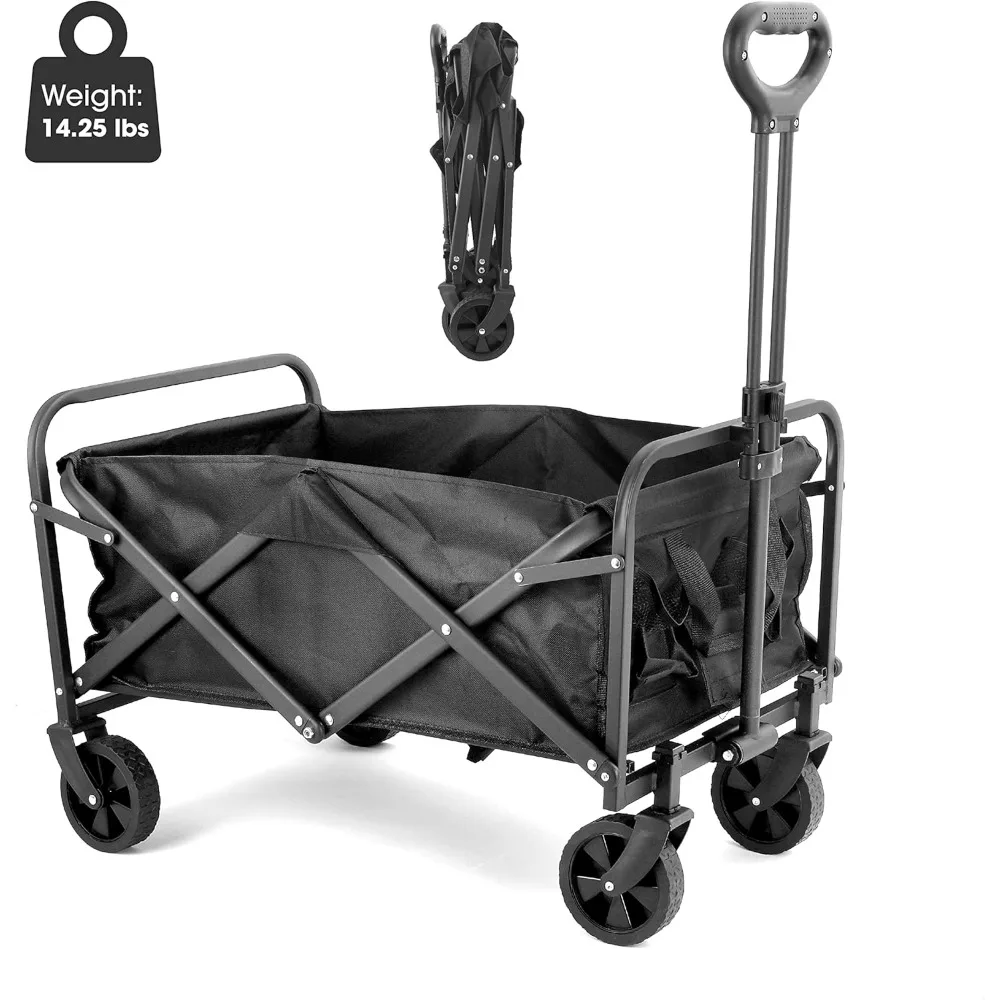 Heavy Duty Collapsible, Foldable, and Rolling Outdoor Utility Wagon for Camping, Beach with Spring-Loaded Handle (Black)