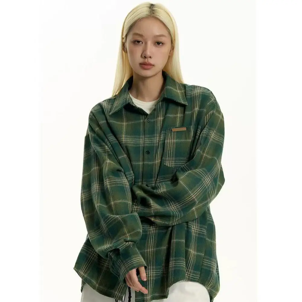 

Vintage Women's Oversized Long Sleeve Plaid Shirt Blouse Tops Autumn Winter Button Down Loose Lapel Pocket Shirt Korean Style