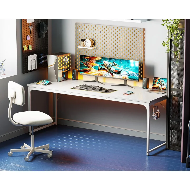 71 Inch White Computer Desk, Modern Style Desk Home Office, Study Student Writing Desk
