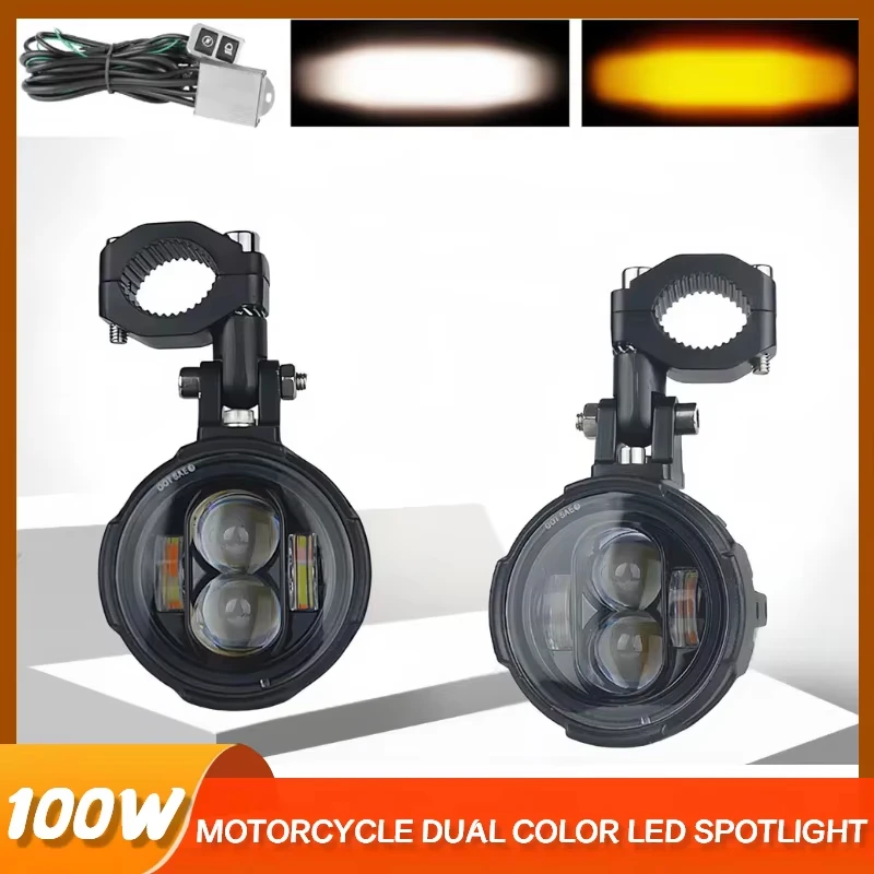 

Motorcycle Fog Lights Led Auxiliary Driving Lamp Moto Headlight Spotlights 100W Wired Switch Dual Color Motorcycle Led lights