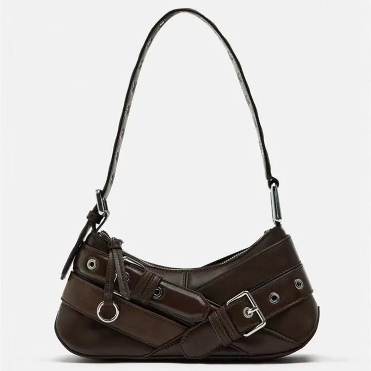 

2025 New Original Retro Black Biker Bag - Y2K Spicy Girl Style, Shoulder/Underarm Baguette with Distressed Leather