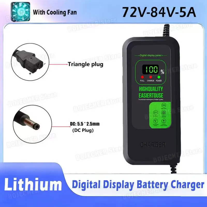 Digitales Lithium-Batterieladegerät mit Lüfter 72V 20S 84V 5A Netzteiladapter mit DC5525 / Dreieck-Stecker EU-Stecker