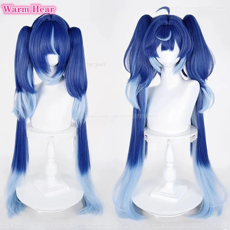 วิกผมคอสเพลย์อนิเมะ Zizi 2025 Game Iuno แบบสังเคราะห์ยาว 100 ซม. สีน้ำเงินไล่ระดับ หางม้าคู่ ทนความร้อน สำหรับฮาโลวีน