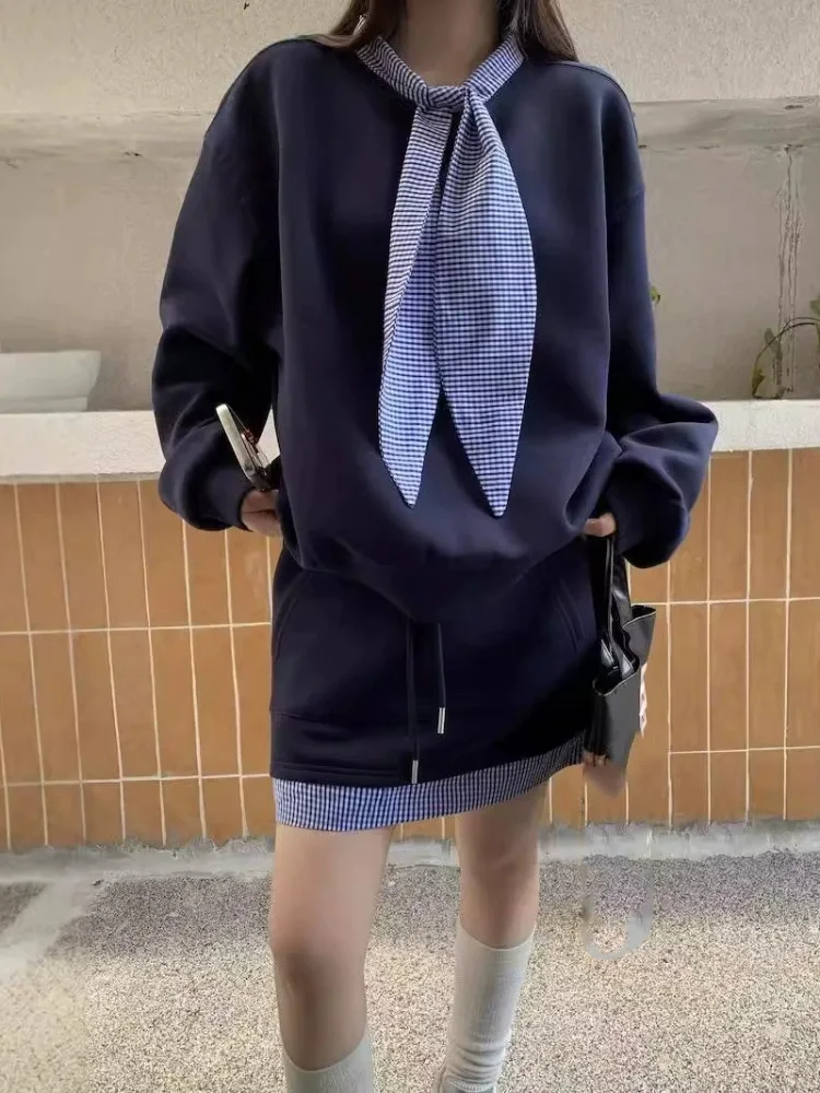 Mode Patchwork 2-delige set Dames Casual Plaid O-hals Lace-Up Conjuntos Trekkoord Hoge taille Korte rok Ensembles