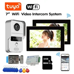 Tuya-timbre de puerta inteligente para exteriores, sistema de cámara de 7 pulgadas con 2 monitores, WiFi, 1080P, intercomunicador, tarjeta inductiva de desbloqueo con cerradura