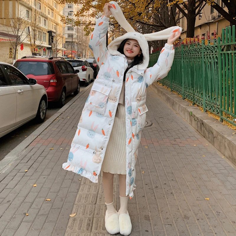 2025 겨울 신상 귀여운 토끼 귀 다운 재킷 여성용 두꺼운 양털 혼방 롱 패딩 코트