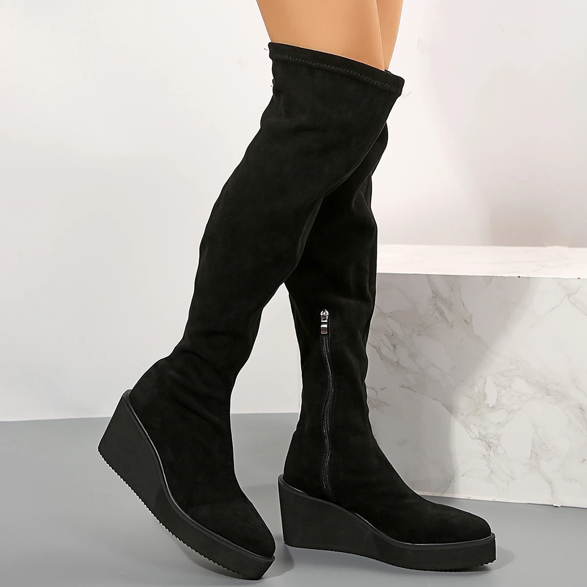 Thigh High Boots Women Shoes Sexy Autumn Winter Black Wedge Heeled Over-the-knee Boots Fetish Party Shoes Ladies Long Boots