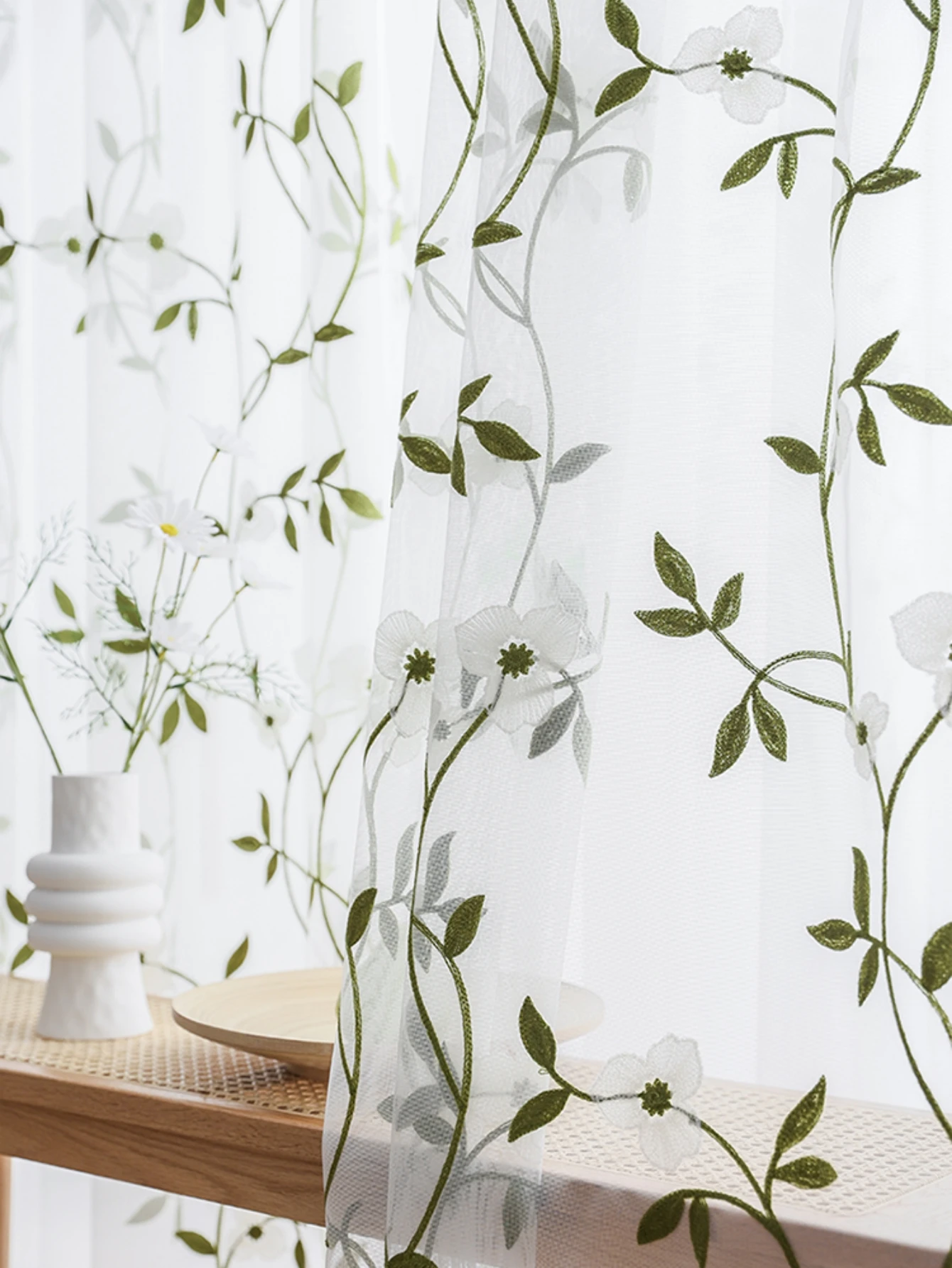American style gauze curtain, green leaves, plant embroidery, living room, bedroom Pastoral small and fresh embroidered yarn