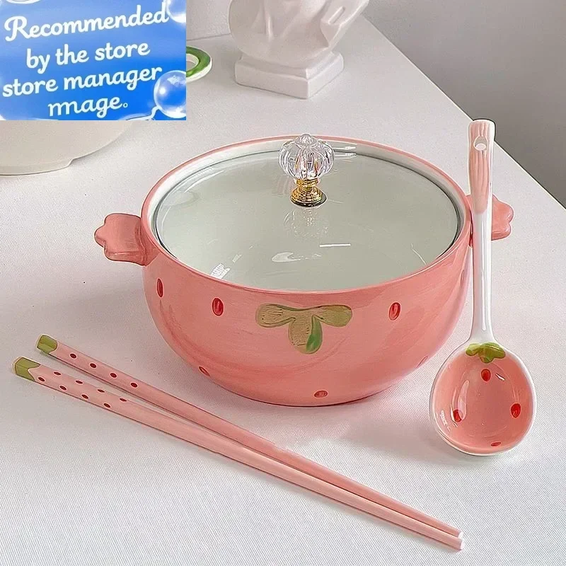 

Strawberry ceramic instant noodle soup bowl cover soup bowl noodle bowl cute girl tableware set