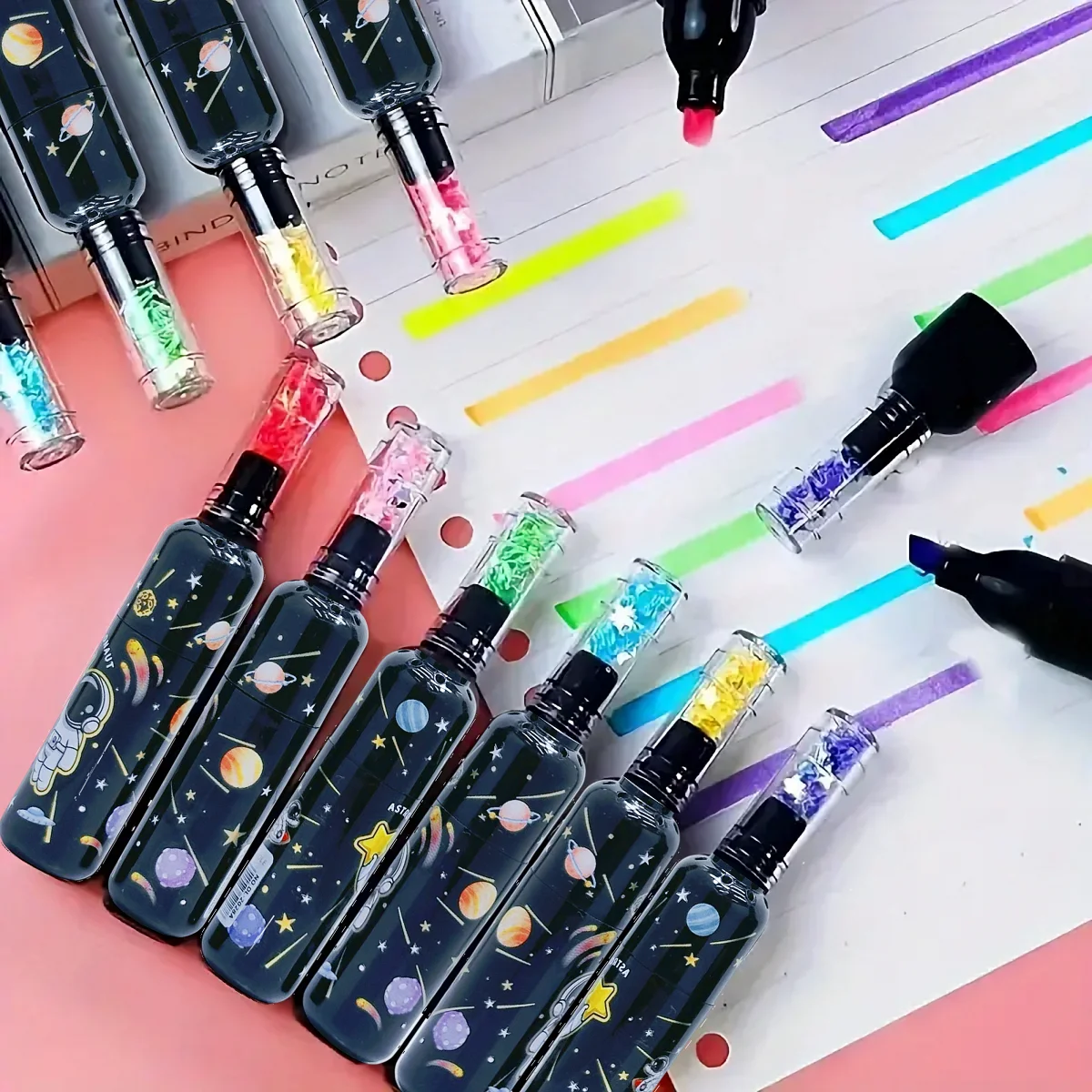 

6pcs/set Cute Planet Wine Bottle Mini Fluorescent Highlighter Marker Pen, Drawing Writing Tool, Office Back-to-School Season
