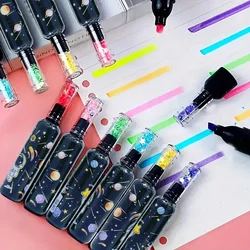 6pcs/set Cute Planet Wine Bottle Mini Fluorescent Highlighter Marker Pen, Drawing Writing Tool, Office Back-to-School Season