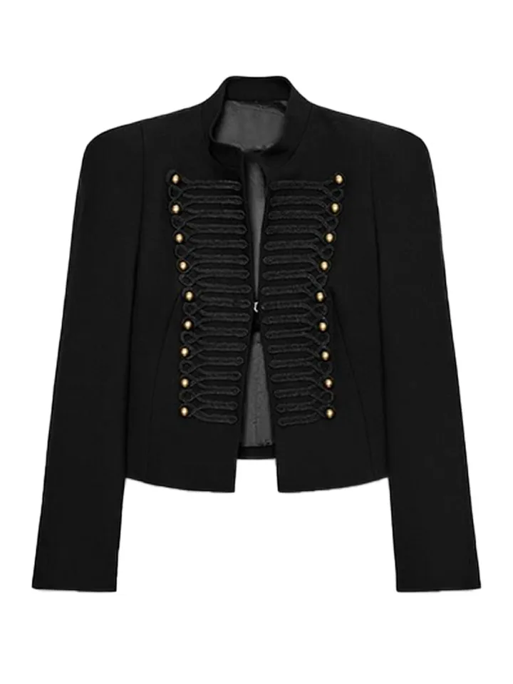 Elegant Women's Cropped Black Napoleon Jacket Shoulder Pads Stand