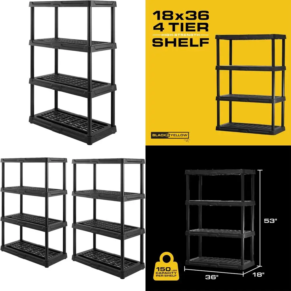 

Сверхмощный пластиковый стеллаж для хранения вещей 53 В x 36 Вт x 18 D, емкость 150 фунтов, для использования в помещении и на открытом воздухе, черный