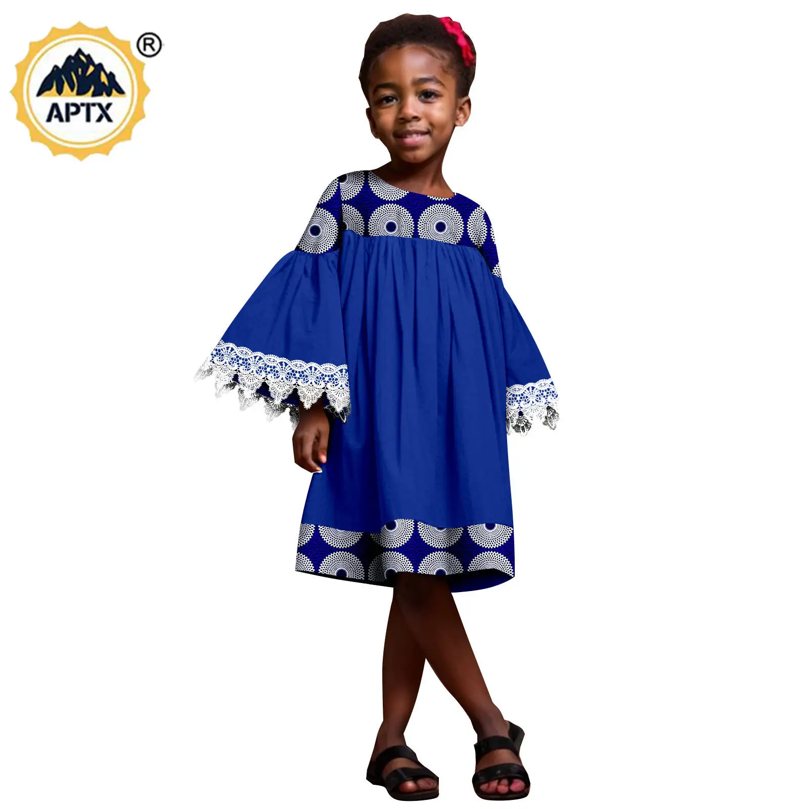 African Clothes for Baby Girls Dashiki Lantern Sleeve Knee-length Lace Dresses Bazin Riche Children Party Print Outfits 2445009