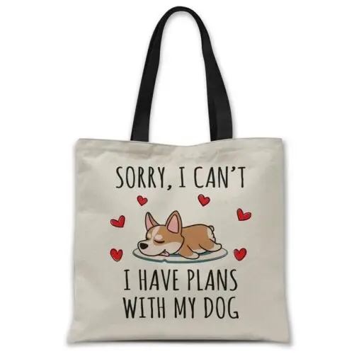 Polarshe Canvas tote bags Sorry I have plans with my dog (CORGI) dog lover gift