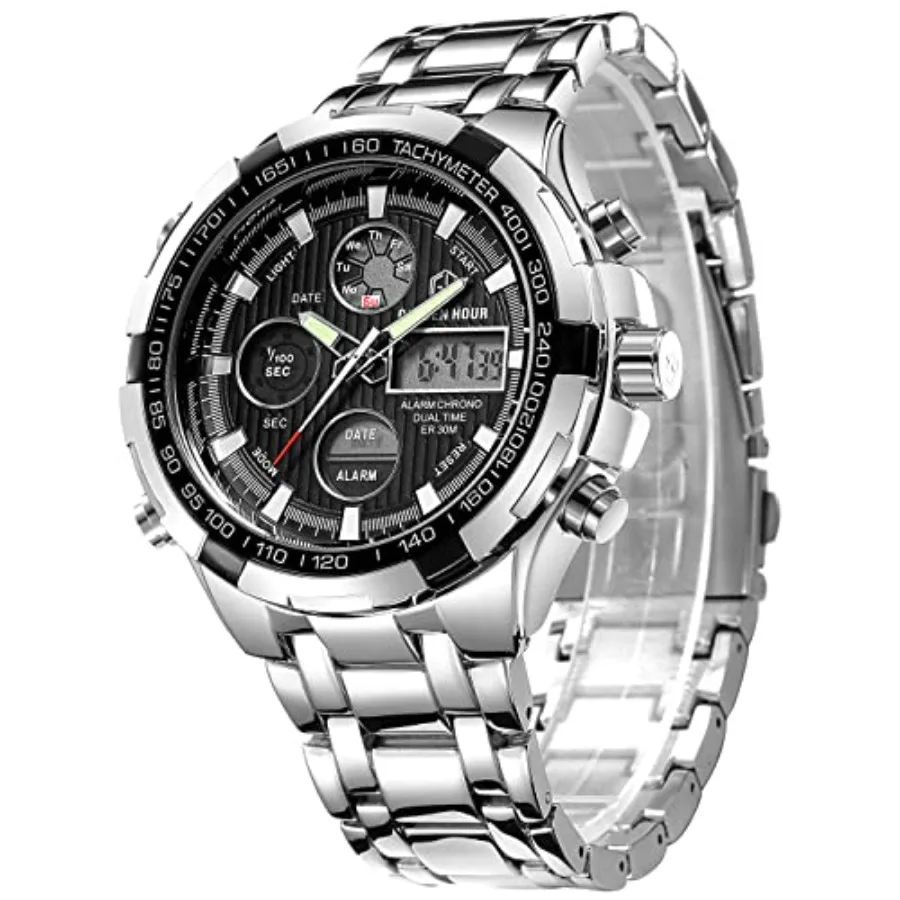 

GOLDEN HOUR Luxury Stainless Steel Analog Digital Watches for Men Male Outdoor Sport Waterproof Big Heavy Wristwatch