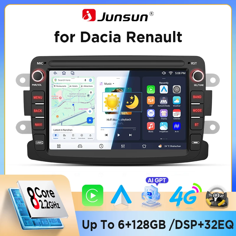 Autoradio Android Junsun 7" per Renault Dacia Duster Sandero Captur Xray con Canbus integrato, CarPlay e Android Auto wireless, navigazione GPS, DSP, radio FM RDS, WiFi, Bluetooth, vivavoce, Mirror