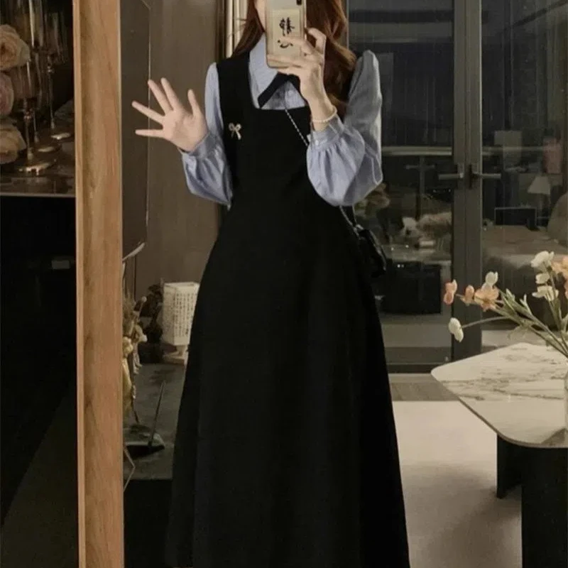Striped Shirt Patchwork Fake Two-piece Dress Long Sleeved Fat Mm Waist Slimming College Style Long Skirt