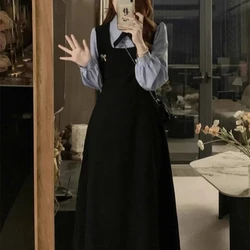 Striped Shirt Patchwork Fake Two-piece Dress Long Sleeved Fat Mm Waist Slimming College Style Long Skirt