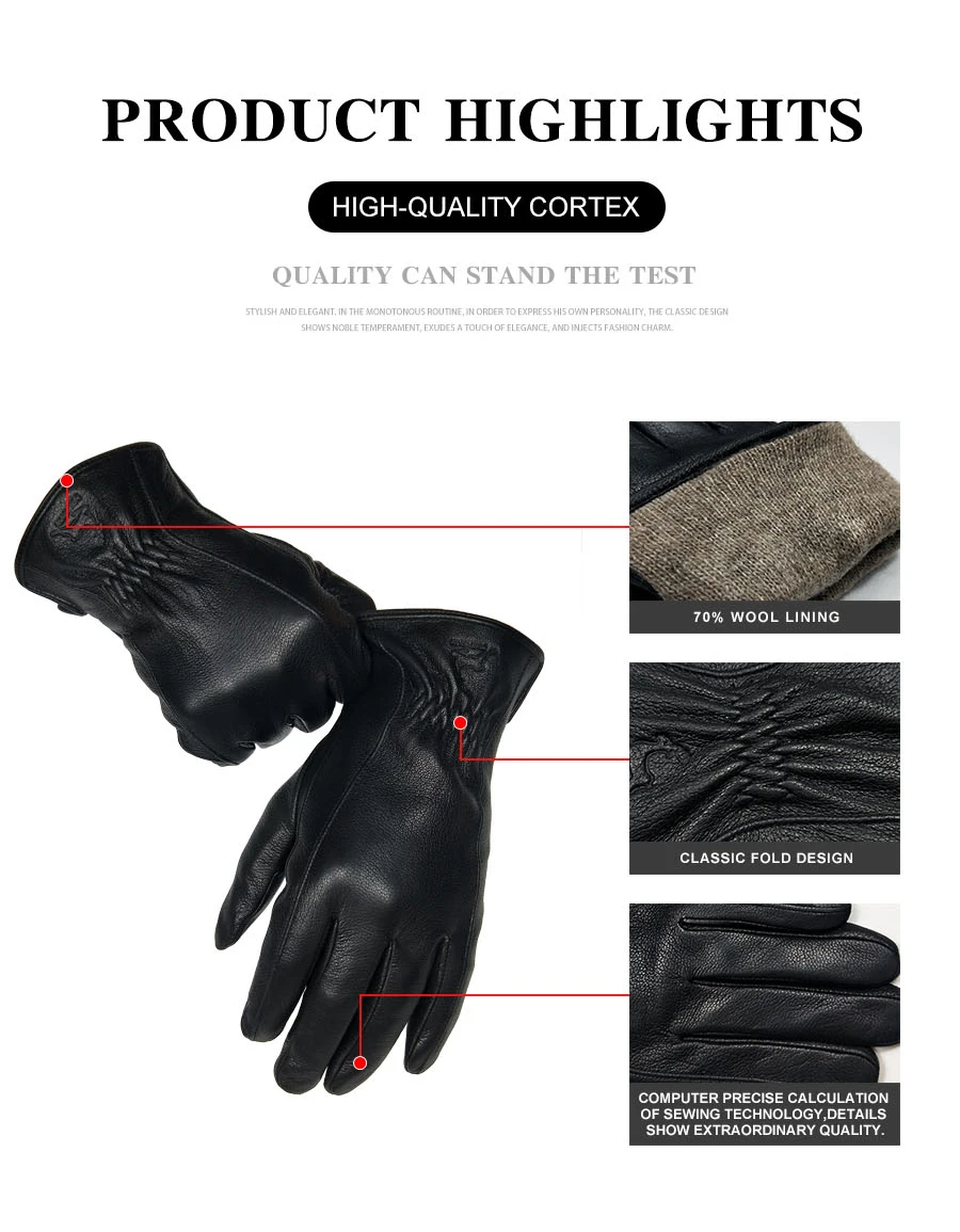 2025 New Winter man deer skin leather gloves male warm soft men's glove black three lines design men mittens sheep hair lining