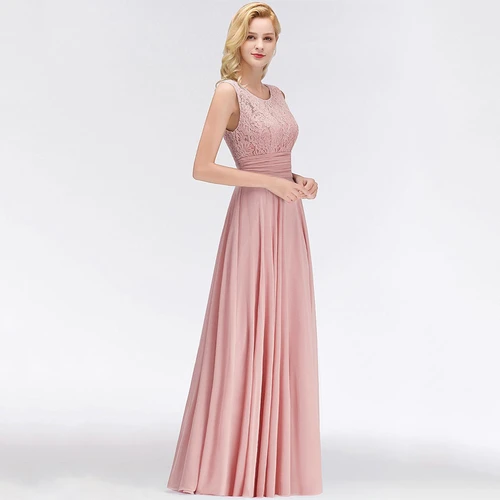 BABYONLINE En stock Vestidos de dama de honor de color rosa polvoriento: corpiño de encaje y falda de gasa fluida, elegante vestido de fiesta de boda para mujer