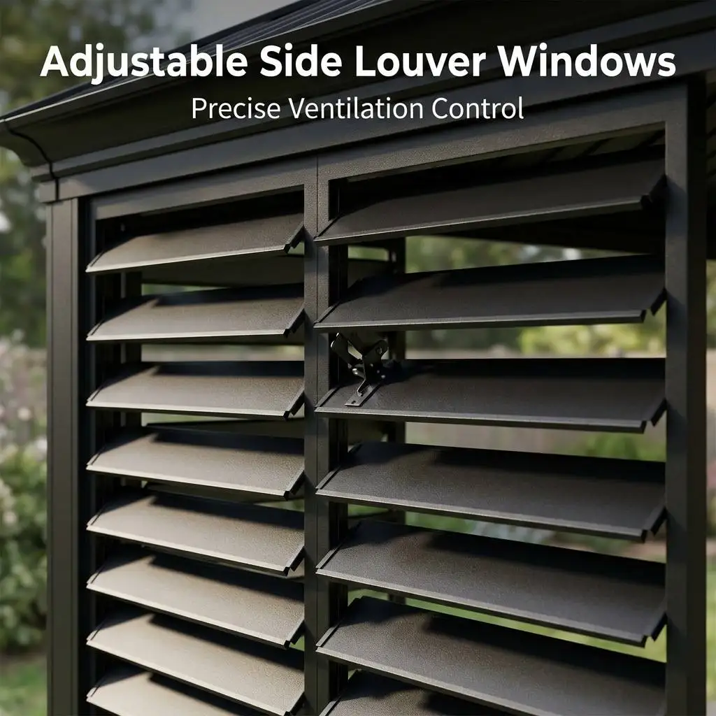 All Weather Aluminum Pergola with Adjustable Louver Windows and Ceiling Fan Light for Luxury Backyard Poolside Lounge Gazebo