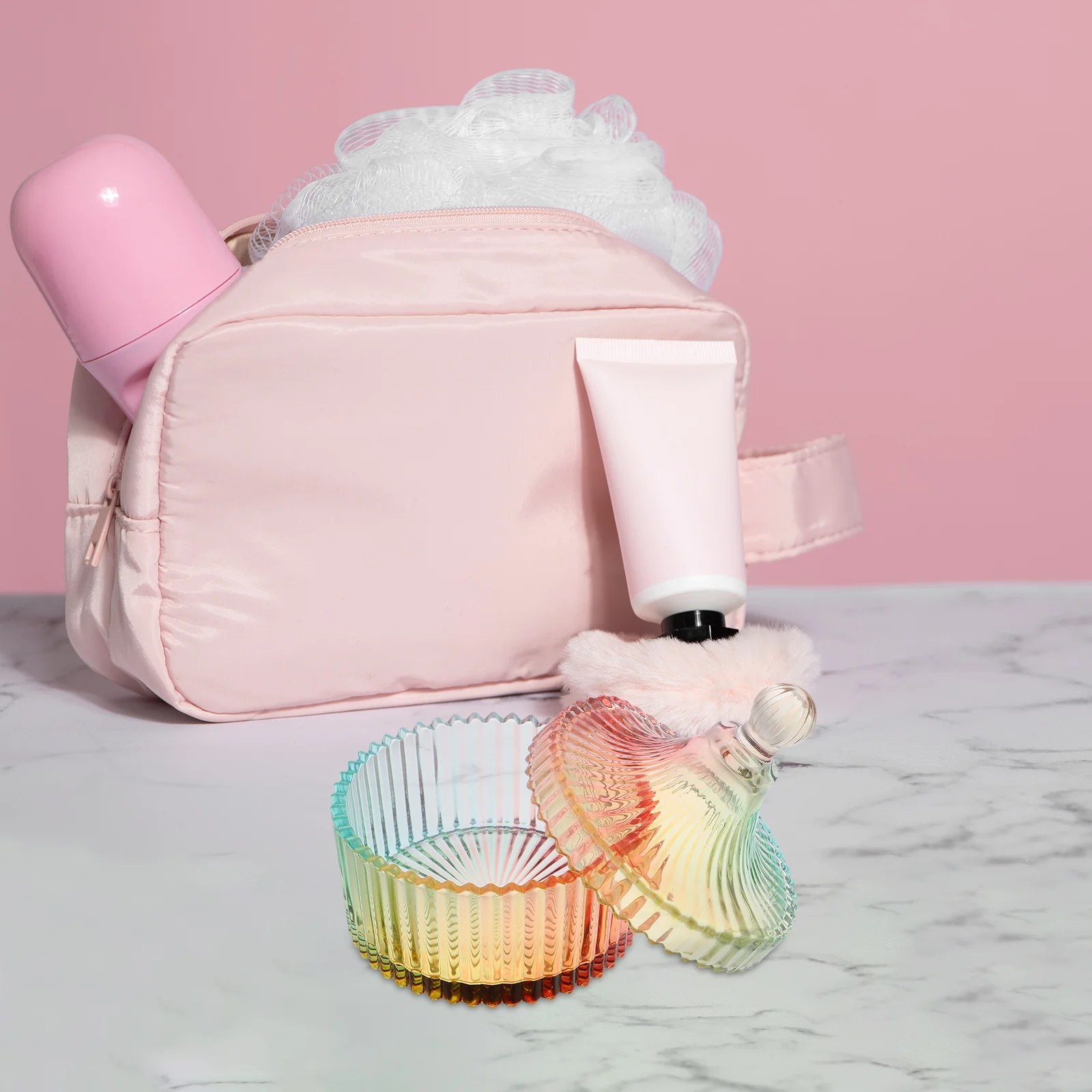 

2Pcs Cotton Powder Puff Glass Storage Box Multi-Functional Organizer for Vanity Table Classic Design Portable Holder