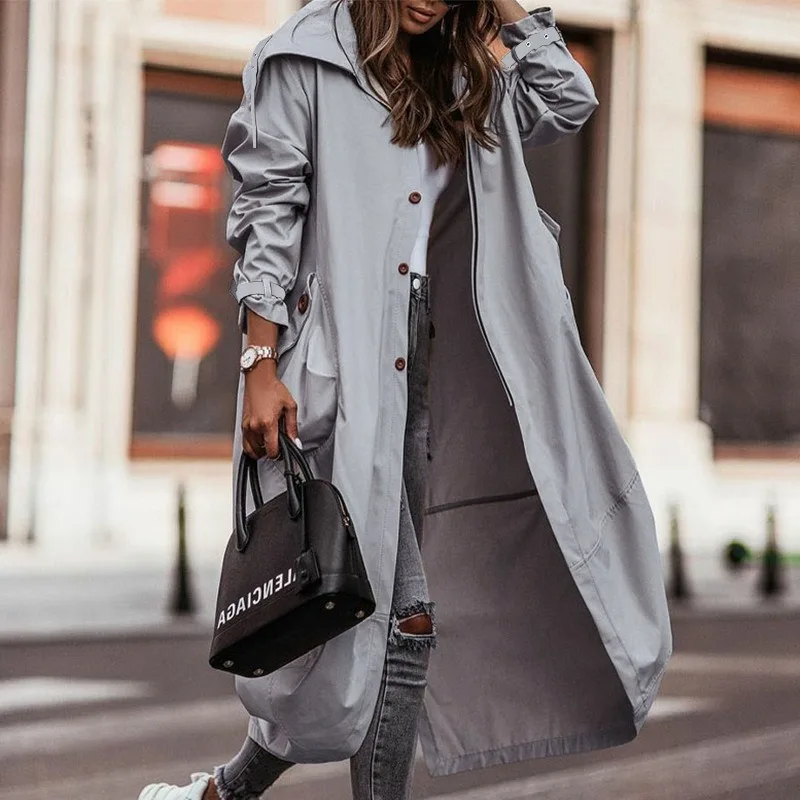 Elegant Women's Long Trench Coats Autumn Casual Turn-down Collar Medium Length Streetwear Fashionable Long Sleeved Vintage Coat