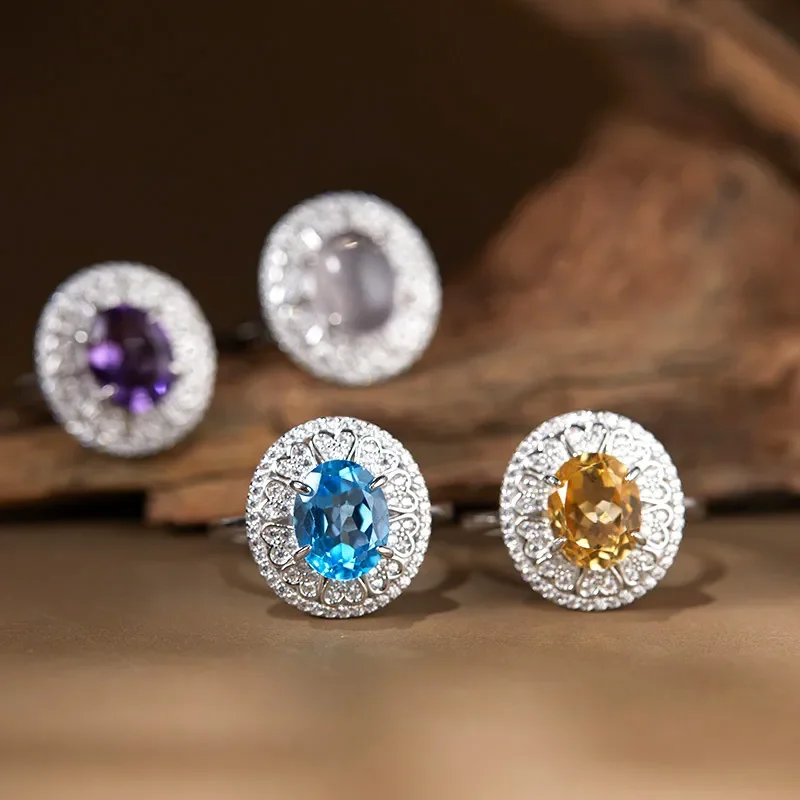 Natural topaz amethyst citrine pink crystal colored treasure ring women's s925 silver Xiaohongshu Douyin live stream